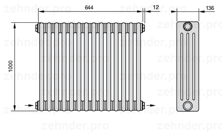 Схема (чертеж) Радиатор Zehnder Charleston 4100/14 №2670 Белый глянцевый RAL 9016